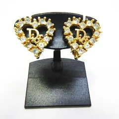 良品 クリスチャンディオール Dior ハート ロゴ イヤリング ラインストーン ゴールドカラー アクセサリー E086LF