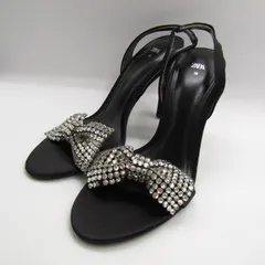 ザラ サンダル バックストラップ ハイヒール リボン 靴 黒 レディース 38サイズ ブラック×シルバー ZARA 【中古】