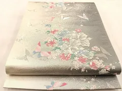 A 純プラチナ箔 オリエント更紗 正倉院華文 銀糸 六通 正絹 フォーマルな袋帯 平和屋着物◎六通柄袋帯 プラチナ箔二重織 孔雀文 銀糸