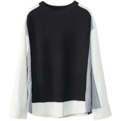 ☆ ブラック ☆ 2XLサイズ ☆ プルオーバー 重ね着風 mmpo426e プルオーバー レディース 長袖 Tシャツ シャツ カットソー トップス 重ね着風 レイヤード風 異素材切り替え ブラウス 春 秋 おしゃれ かわいい カジュアル ゆったり
