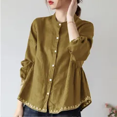 ☆ マスタード ☆ XL ☆ ブラウス シャツ ブラウス レディース 前開き チュニック ブラウス レディース シャツ 前開き 薄手 トップス 春夏 きれいめ オフィスカジュアル オフィス ビジネス スタンドカラーシャツ おしゃれ 上品 カジュアル