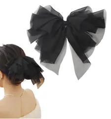 [Herbeluemily] リボン シフォン ヘアクリップ ふんわり ボリューム 華やか 推し活 ガーリー 髪留め ブラック [ブラック]