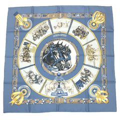 HERMES エルメス カレ90 スカーフ CHEVAUX DE TRAIT 輓馬 ブルー 美品 aq11585