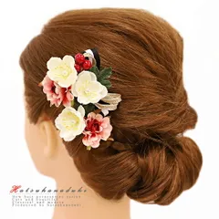 髪飾り 成人式 赤 振袖 袴 浴衣 夏祭り 花火大会 2点セット 白 ゴールド 黒 組紐 リボン ストライプ 縞 パール ヘアアクセ かん No.9-3678