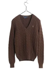 【お得なクーポン配布中!】 ラルフローレン Vネック コットン ケーブル ニット セーター レディース S / 古着 ポロ 長袖ニット ワンポイント 茶 ポニー刺繍 ブラウン