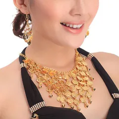 ゴールドカラー コイン ネックレス ＆ ピアス セット ベリーダンス 舞台用 エスニック 結婚式 二次会 パーティ 衣装 仮装 演劇 忘年会 宴会 ステージ クラブ NP-00001-GD
