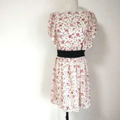 フリルスリーブ 花柄 ミニ ワンピース 半袖 ウエストゴム ベージュ Mサイズ