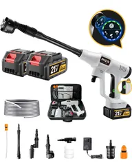 【2025強化版新登場】ハンディウォッシャー 高圧洗浄機 コードレス 充電式 最大噴射距離10m 21V＆2本の20000mAhバッテリー 残量表示 搭載 500W自吸式 6in1多機能ノズル・水圧調節可 安全ロック フォームガン 5mホース 軽量・小型・収納