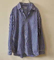UNIQLO ユニクロ　レディース　トップス　シャツ　ブラウス　長袖　ボタンダウン　総柄　ストライプ　ボーダー　ネイビー　ホワイト　バイカラー　LLサイズ　大きめ　ゆったり　コットン　さわやか　シンプル　カジュアル　SU23h453