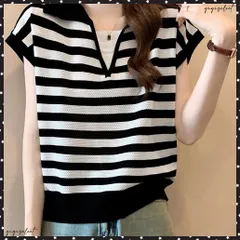 ボーダー柄サマーニット フレンチスリーブ レイヤード風ニットプルオーバー レディース ノースリーブ ニットTシャツ 体型カバー 春夏ポロニット 着やせ夏服 韓国風 Vネック トップス ゆったり ニット 重ね着風ニット薄手