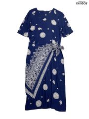 古着 PHOEBE 巻きスカート風 アメリカ製 エスニック柄 ペイズリー柄 ロング丈 半袖 ワンピース 紺 (otu2506048)