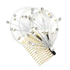 髪飾り コーム型 ラインストーン パール シルバー 白 キラキラ ラメ リーフ 葉 丸 円 サークル 小さい かんざし かわいい 粋 No.9-3433