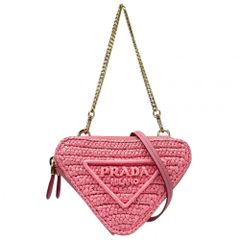 【売り尽くし】 プラダ ポーチ レディース クロシェロゴ 2WAY トライアングル ミニショルダーバッグ ミニハンドバッグ かばん 鞄 PRADA 1NR015 ラフィア レザー ピンク ゴールド金具 美品【中古品】
