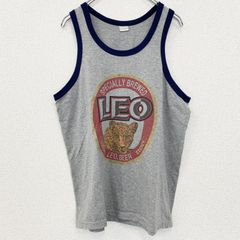 古着 used　LEO BEER　プリントタンクトップシャツ　クルーネック　レトロデザイン　ライオン柄　ビール　グレー　夏服　