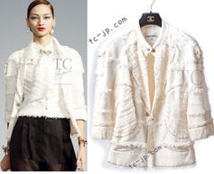 シャネル ジャケット CHANEL アイボリー クリーム コットン シルク シフォン チェーン トリム カール・ラガーフェルド作品 超美品 42