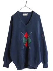 【お得なクーポン配布中!】 80s スコットランド製 プリングル アーガイル ウール ニット セーター メンズ L 古着 80年代 ヴィンテージ PRINGLE Vネック 薄手 ネイビー