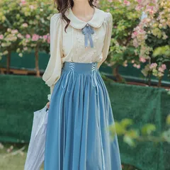 【新品】フレンチレトロ♡ブラウス＋レースアップスカートセットアップ レディース 韓国 韓国ファッション ワンピース ロリータ ブラウス スカート セット レースアップ レトロ ロング丈 長袖 可愛い お嬢様 クラシカル セットアップ　F0626