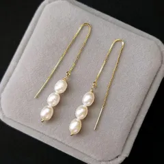 102P【高品質✨】バロックパール　縦長　淡水真珠　3粒　ロング　チェーンピアス