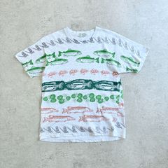 90s WORLDWIDE OUTFITTERS Trout BlackBass Fishing All-over print T-shirt  ワールドワイドアウトフィッターズ トラウト ブラックバス 魚 フィッシング 総柄プリントTシャツ TEE