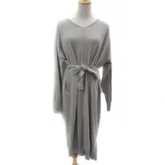 スウィートマミー SWEET MOMMY マタニティウェア 授乳服 ニットワンピース ミモレ丈 長袖 Vネック 無地 リボンベルト付き F グレージュ /YS22