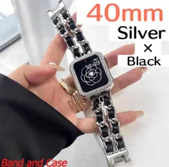 40mm シルバーブラック　２点セット　アップルウォッチ　カバー　キラキラ　ケース　チェーンベルト　バンド　セット　レザー
