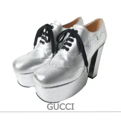 美品 GUCCI グッチ プラットフォームシューズ ブーティ ローファー レザー 厚底 スクエアトゥ レースアップ シルバー色 サイズ39 約25.5～26㎝ レディース 古着 中古