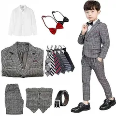 グレー_100 [§ｚｚ．ｌｕｘｉ] 男の子フォーマルスーツ キッズ フォーマル 子供服 7点セット ジャケット、ベスト、シャツ、ズボン、蝶ネクタイ 、ベルト 、ネクタイ チェック柄 かっこいい 入学式 七五三 卒業式 90-170