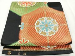 平和屋着物◎九寸名古屋帯 刺繍 草花文 鬼しぼ縮緬 正絹 逸品  