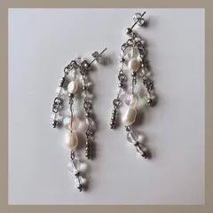 モード×上品♡ オーロラ クリア ガラス ビーズ 天然 淡水 パール ジャラジャラ シルバー ロング ハンドメイドピアス 【イヤリング・アレルギー対応ポスト変更可能】