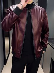 レザージャケット メンズ スリムフィット ジャケット カジュアル スタンドカラー ジップアップ モーターサイクルスタイル ポケット付き 長袖 ブラック 秋冬 最適 モーターサイクルライディングギア バイクジャケット バイカー ブラウン