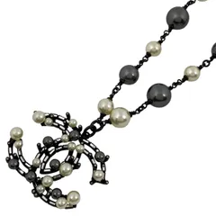 シャネル CHANEL ココマーク フェイクパール ネックレス ラインストーン ネックレス メタル ブラック シルバー ホワイト レディース 【中古】