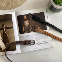 麻 ベルト レディース 細ベルト 織ベルト メッシュベルト リネン 編み 細い 黒 ブラウン キャメル 韓国 メール便送料無料