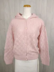 フードにポンポン付きウールカーディガン　ピンク