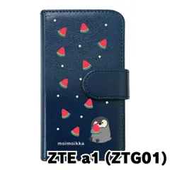 【新品未使用】ZTE a1 ZTG01 スマホケース 手帳型 (色：ネイビー×柄：ペンギンとスイカ)moimoikka ペンギン 動物 flip2-ztg01-nv-20139
