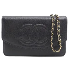 【栄】シャネル チェーンウォレット ココマーク ランダムシリアル キャビアスキン ブラック ゴールド金具 財布 女性 箱 保存袋