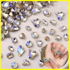★即日発送★50個セット ネイル ガラスストーン オーロラ色 30個 2種類 ネイルストーン ハート+20個 9種類 ネイルパーツ ハートストーン 輝くそして透明な ネイルクリスタル 大きい ラインストーン ネイルストーン ダイヤモンド ネイルパーツ ジェムラ