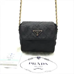 良品 PRADA プラダ 三角ロゴ プレート ナイロン テスート キルティング チェーン ショルダー バッグ 斜め掛け ブラック レディース k5032