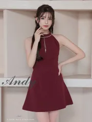ワインレッド[ON2908-WR-2412]【ANDY/アンディ】ホルターネック/ バスト切り替え/ フロントジップ/ ハイネック/ ビジュー/ リボン/ フレア/ ミニドレス/ キャバドレス