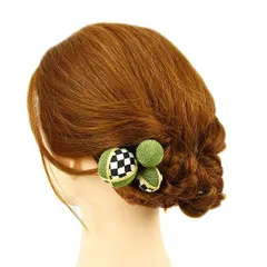 髪飾り 成人式 振袖 前撮り 袴 花 浴衣 夏祭り 花火大会 3点セット 緑 渋緑 ちりめん 玉飾り 格子 ヘアアクセ かんざし 新作 No.9-3276