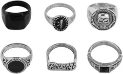 AREUM 指輪 メンズ リング 6点セット まとめ売り ストリート かっこいい シルバー ブラック 重ね着け プチプラ トレンド ファッションアクセサリー スクエアリング(ブラック)