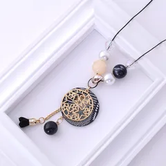 ネックレス ロングネックレス 透かしデザインペンダント ビーズ ブラック エスニック 細身チェーン