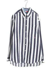 【お得なクーポン配布中!】 90s トミーヒルフィガー ストライプ 長袖 ボタンダウン シャツ メンズ L / オールド BD 長袖シャツ リネン コットン ワンポイント ツートン