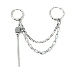 【人気商品】スティック 銀 バー 銀色 シルバー リング 2連チェーン 鎖 チェーン ステンレス シルバーピアス ロングピアス アレルギー対応 リングピアス フープピアス ピアス メンズ メンズピアス ステンレスピアス レディース チェーンピアス [Puent