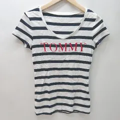 ◇ TOMMY HILFIGER トミーヒルフィガー 深Vネック ボーダー 刺繍 半袖 Tシャツ サイズS ホワイト ブラック レディース E  【1402200001228】