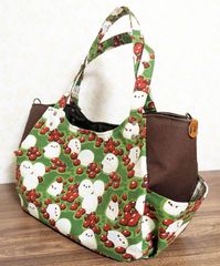 シマエナガ❤抹茶白玉ぜんざい❤ハンドバッグ❤ハンドメイド ハンドメイド ラウンドトートバッグ 抹茶白玉ぜんざい