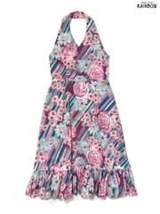 アメリカ 古着 フリル 花柄 ホルターネック ワンピース 青 ピンク 水色 