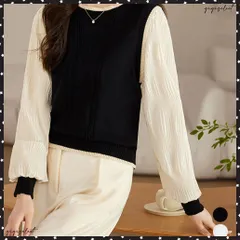 異素材ドッキングニットトップスレディース シフォン袖 切り替えニットトップス パフスリーブ ニットプルオーバー 長袖 レイヤード風ニットブラウス クルーネック黒 ドッキングブラウス 重ね着風ニット春秋 きれいめトップス