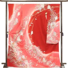 振袖 着物 身丈172cm 裄66cm 前幅23cm 後幅30.5cm 袖丈104cm 袖幅35cm レディース 袷 御所車 裄長 裄M-Lサイズ 秋冬春用 正絹（シルク）赤地 トールサイズ 美品 リサイクル リメイク リユース【呉服のきくや】