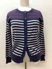 ユナイテッドアローズ　紺白ボーダー ニットカーディガン 肩に赤や緑の模様