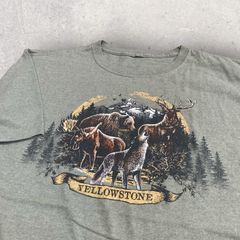 US古着 Yellow Stone イエローストーン アニマル 動物 熊 オオカミ 鹿 Tシャツ XL グリーン
